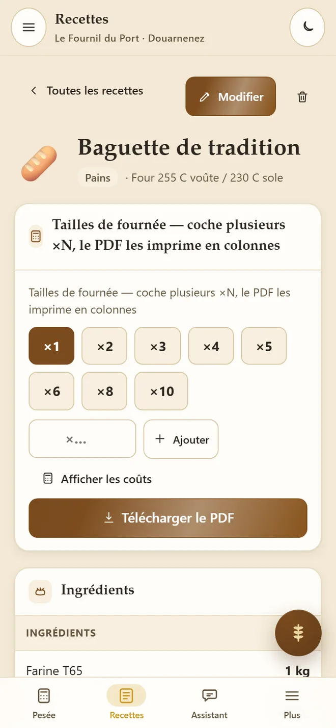 BakeryOS — fiche recette, allergènes déclarés